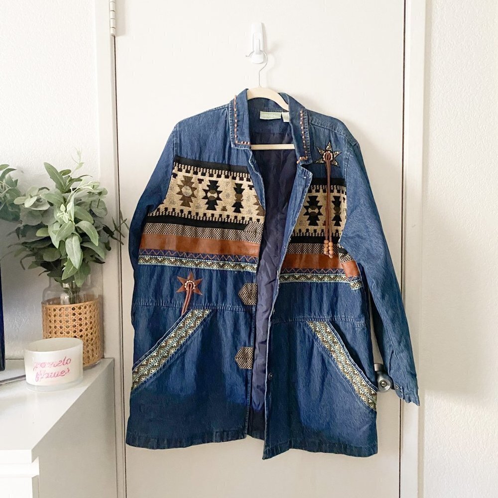 🌻 Vintage 90s Western Boho Tribal Fleece Jacket Zip Up Jean Large